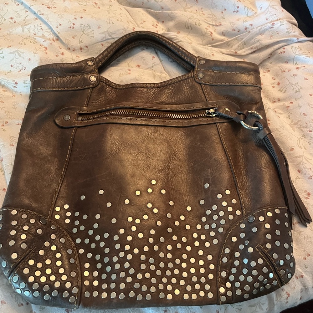 Brown Studded Leather Tote with Curved Handle